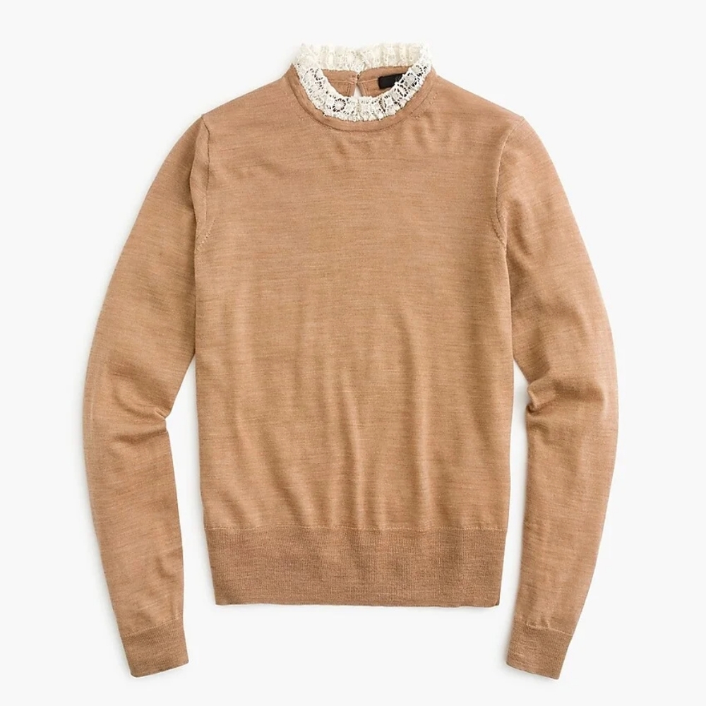 New with tag, J Crew Tippi sweater in brown with lace collar, size xs.